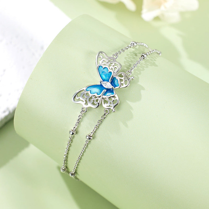 S925 Sterling Silver Double Layer Butterfly Bracelet – Elegant Enamel Silver Jewelry