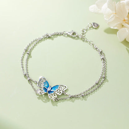 S925 Sterling Silver Double Layer Butterfly Bracelet – Elegant Enamel Silver Jewelry