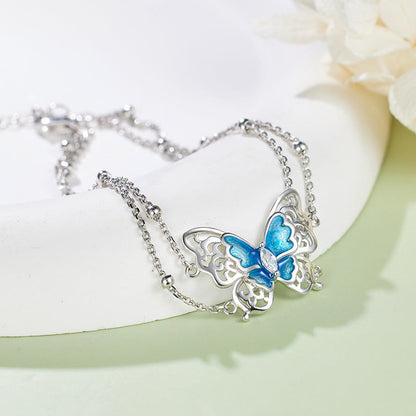 S925 Sterling Silver Double Layer Butterfly Bracelet – Elegant Enamel Silver Jewelry