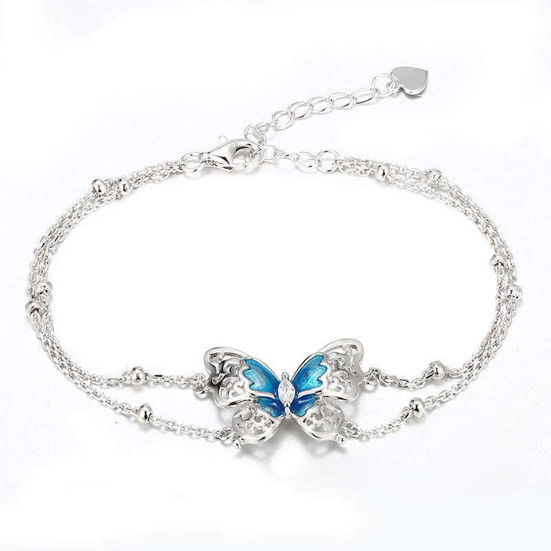 S925 Sterling Silver Double Layer Butterfly Bracelet – Elegant Enamel Silver Jewelry